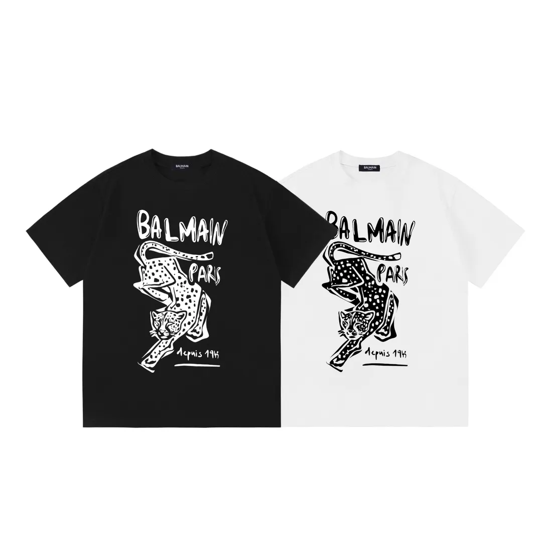 BALMAN Balman 2026 Early Spring New Arrival Leopard Letter Logo Men's and Women's Same Style Short Sleeve T-shirt Customized 100% double yarn pure cotton fabric Custom dyed 32 double-strand threads Kangji digital direct printing technology Collar label, hangtag, main mark and three labels complete Color: Black Size: XS S M L